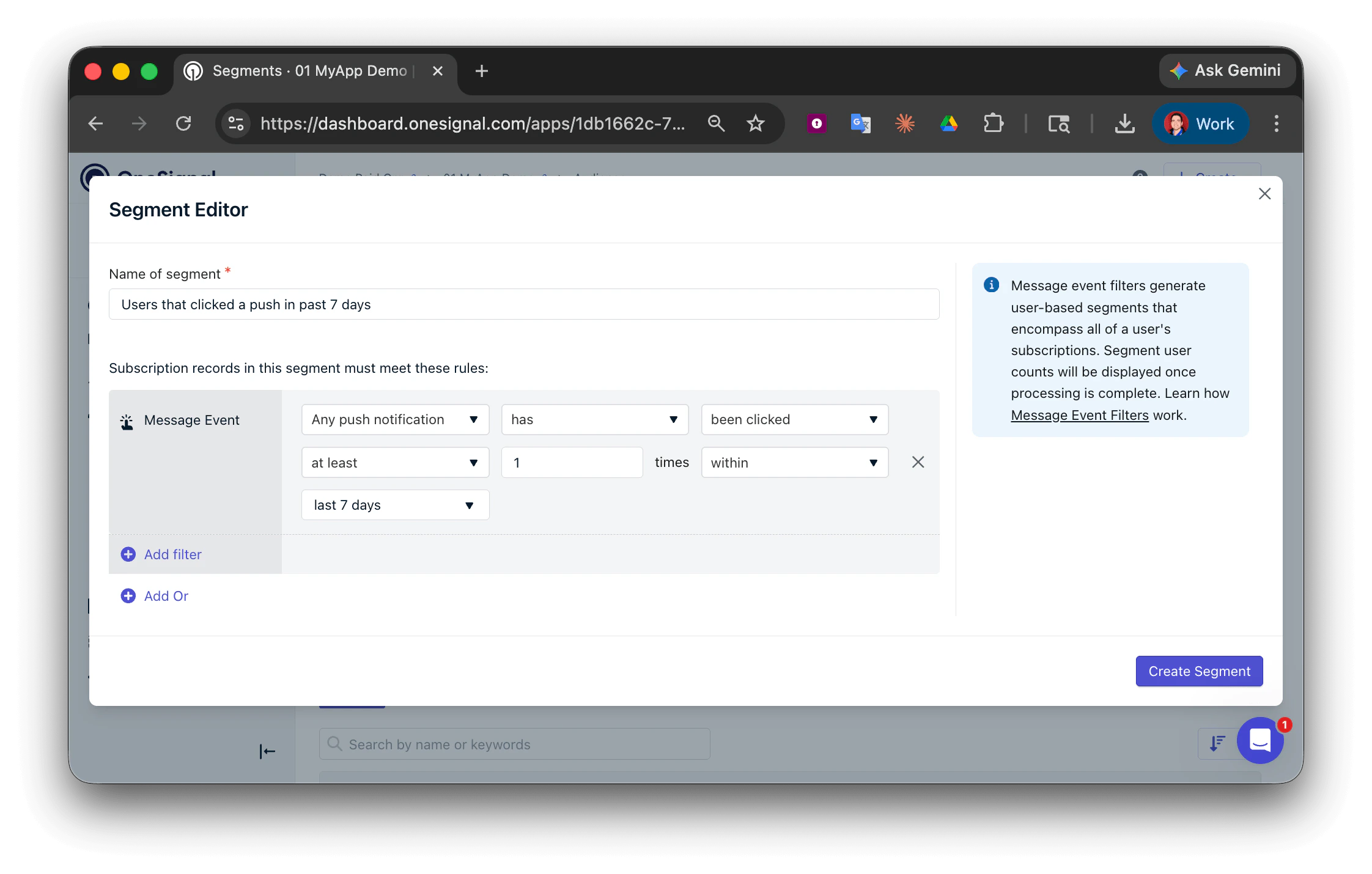 Options de filtre d'événements de messages affichant les sélecteurs de canal, d'action et de fenêtre temporelle