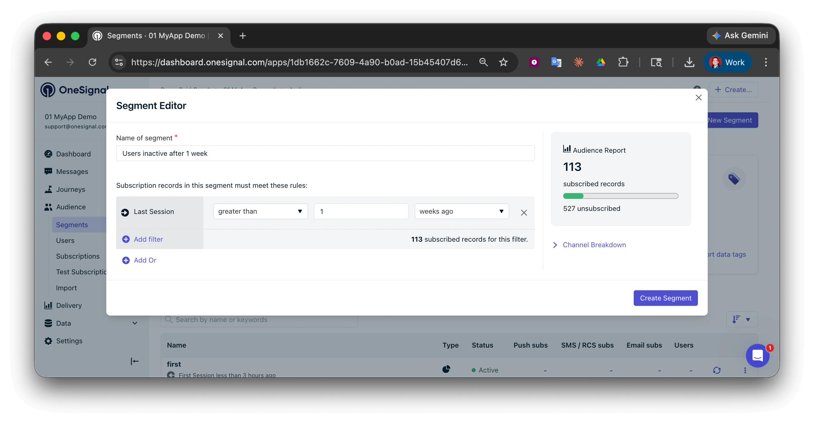 Interface de création de segment affichant les options de filtres et le champ de nom de segment