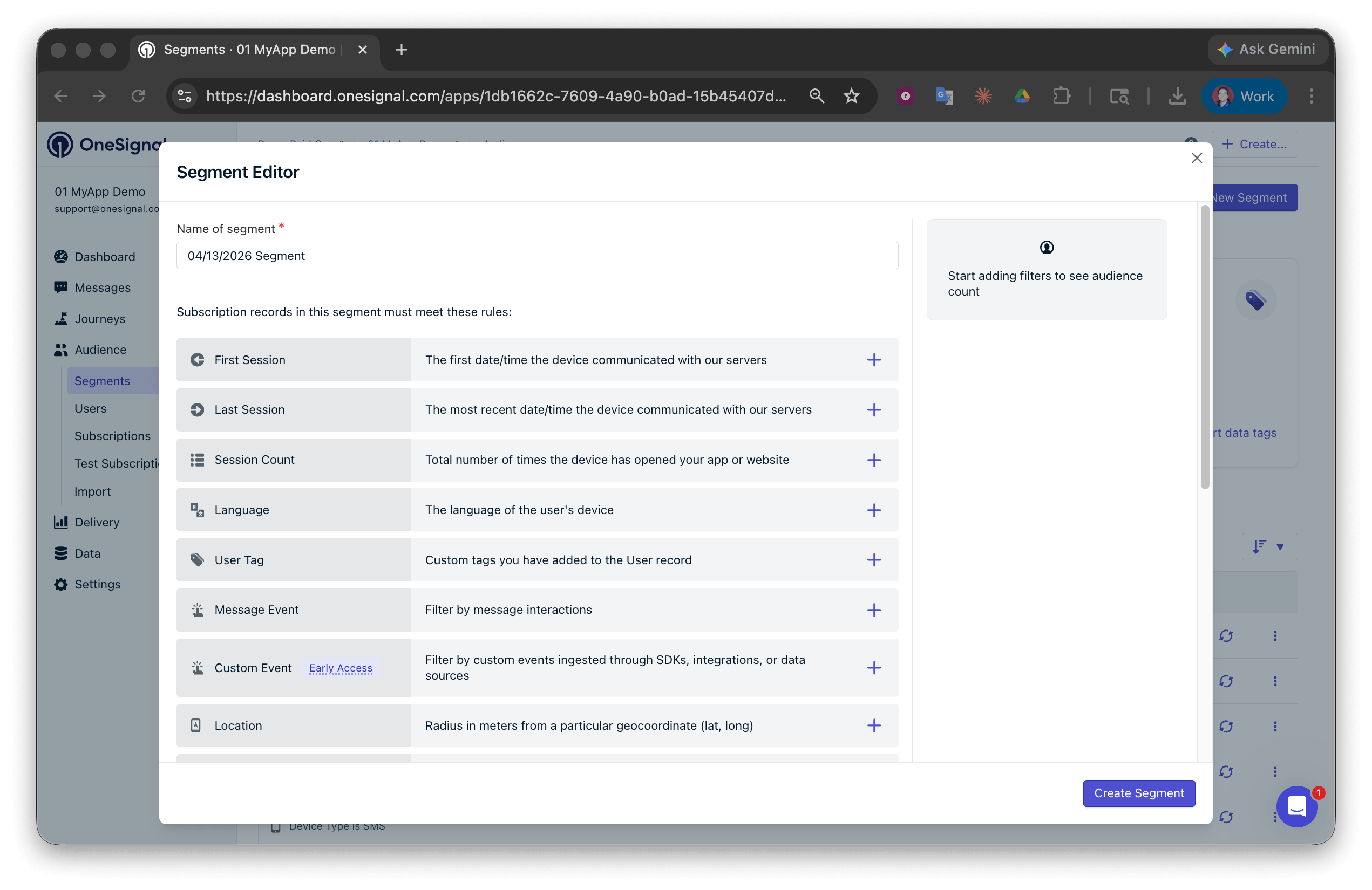 Interface de création de segment affichant les options de filtres et le champ de nom de segment