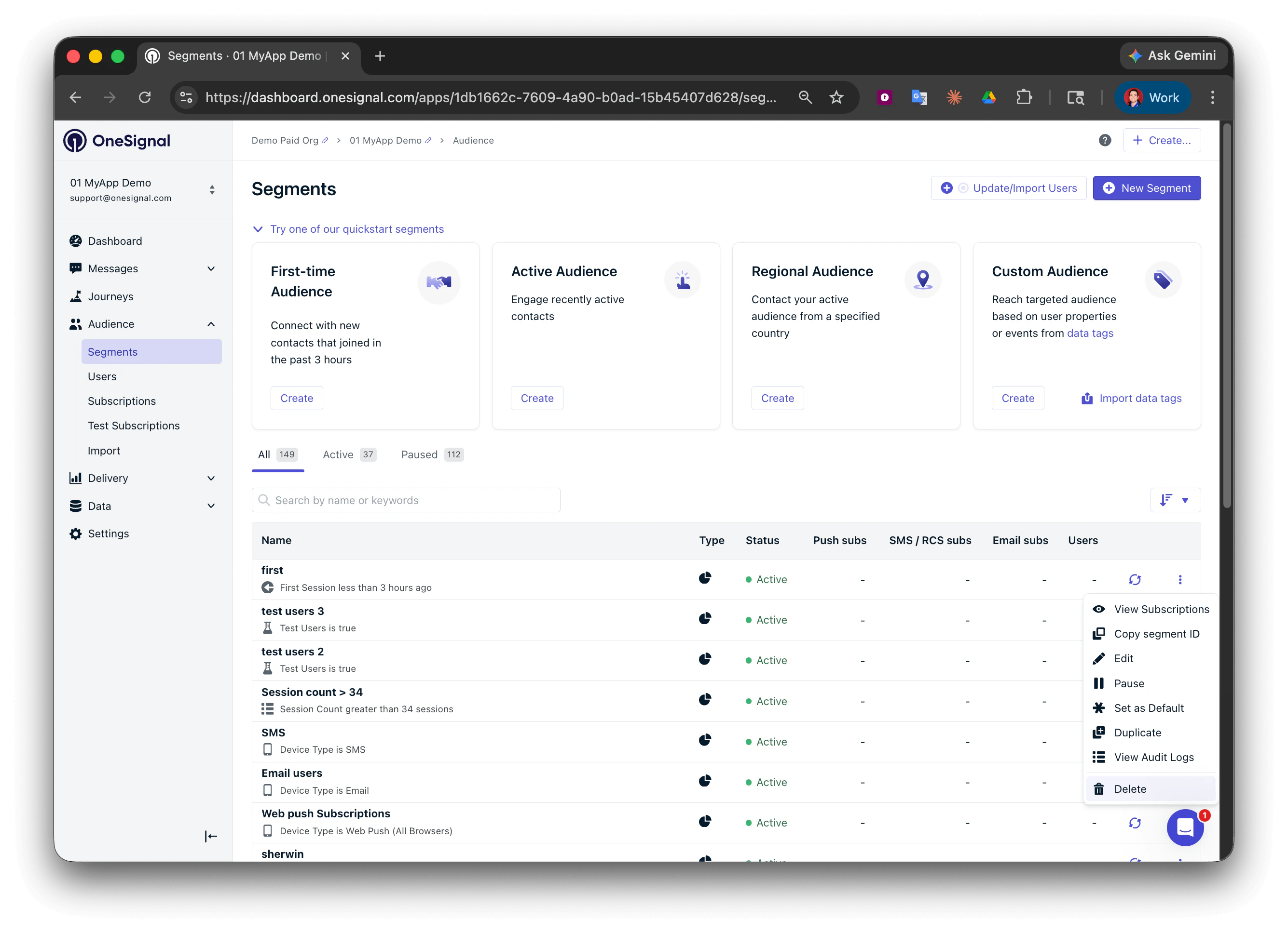 Menu d'options à trois points sur un segment affichant les actions Modifier, Mettre en pause, Dupliquer et Supprimer