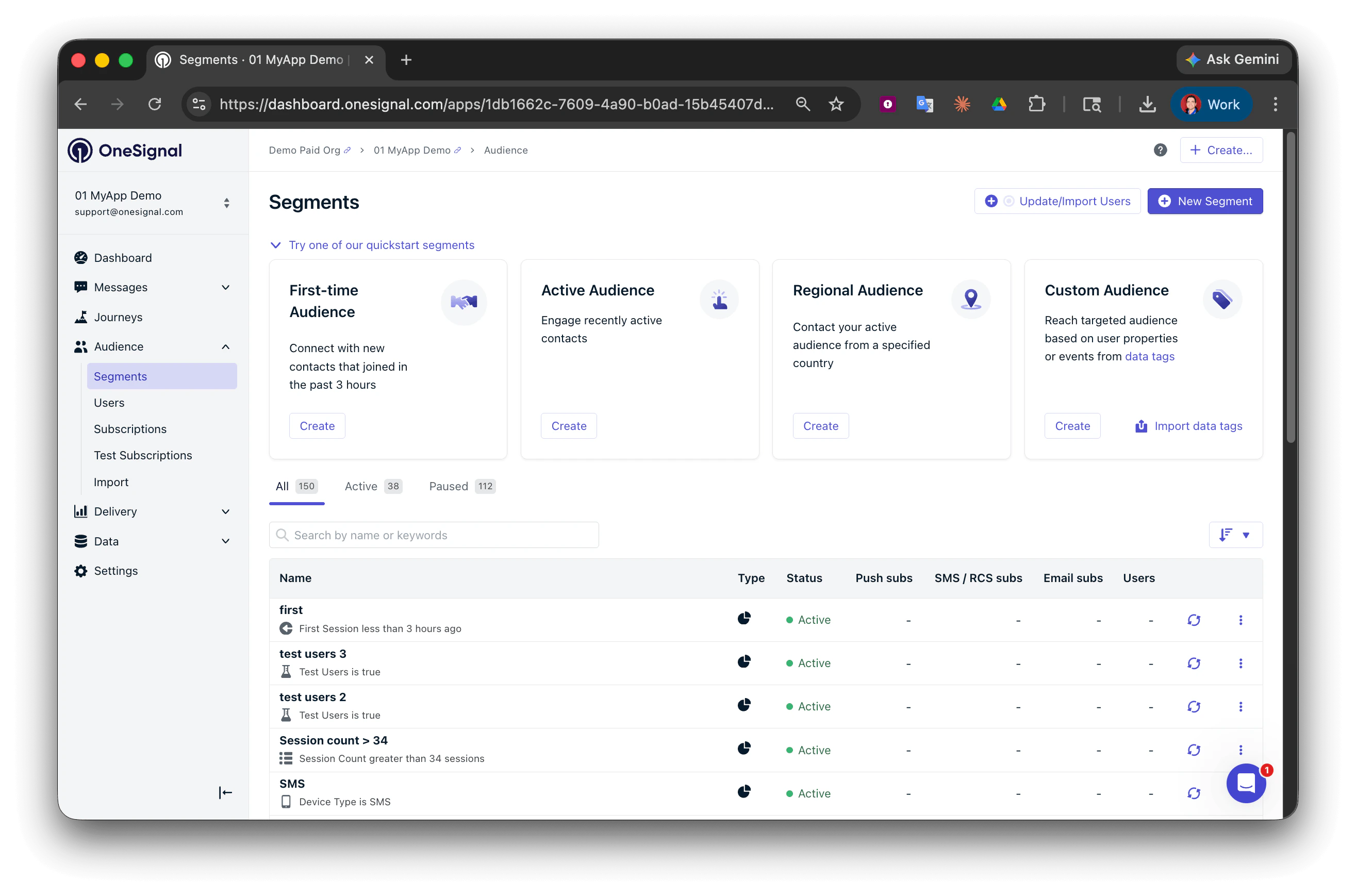 Page Segments affichant la liste des segments