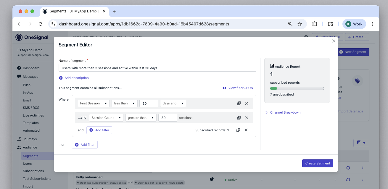 Segment avec filtres AND pour les utilisateurs actifs dans les 30 jours avec au moins 3 sessions