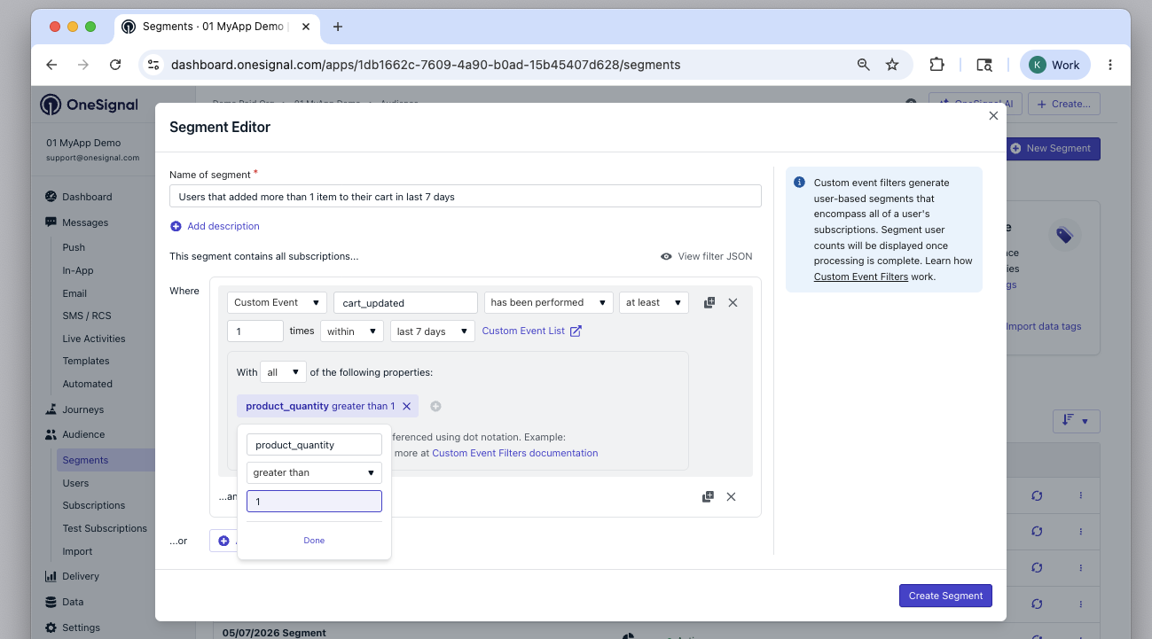 Exemple de filtre d'événement personnalisé affichant le nom, l'image, le prix, la quantité du produit et l'URL du panier