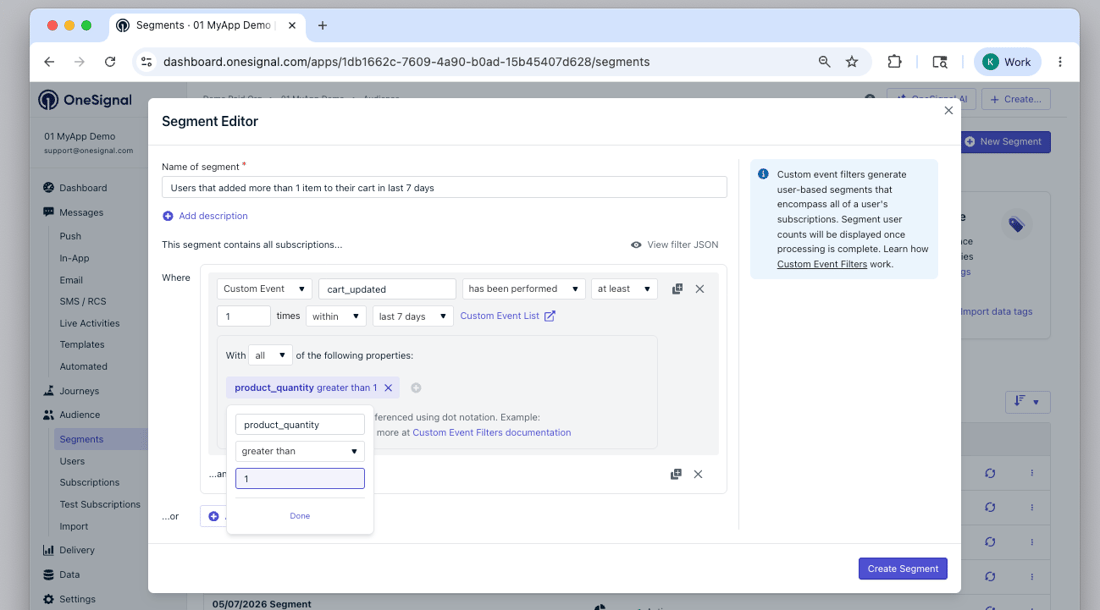 Event Filer Example Segments - OneSignal