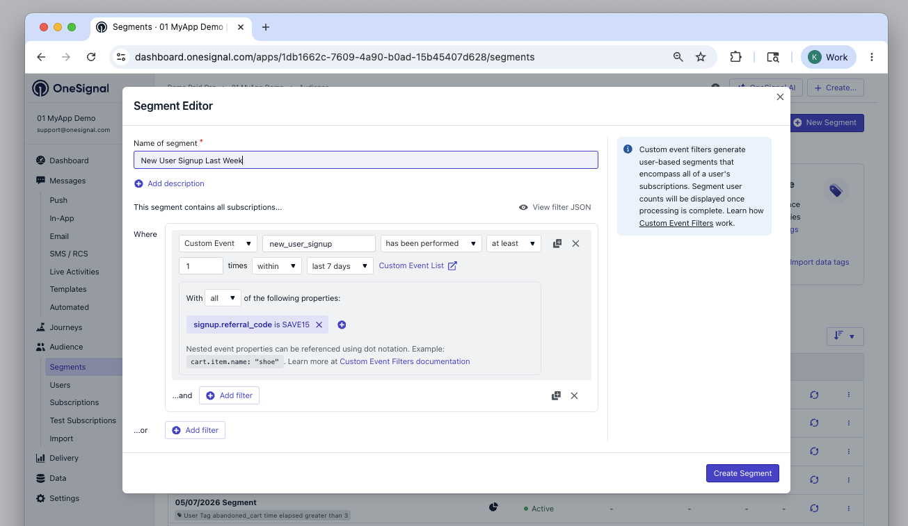 Options de filtre d'événements personnalisés affichant les sélecteurs de type d'événement et de propriété