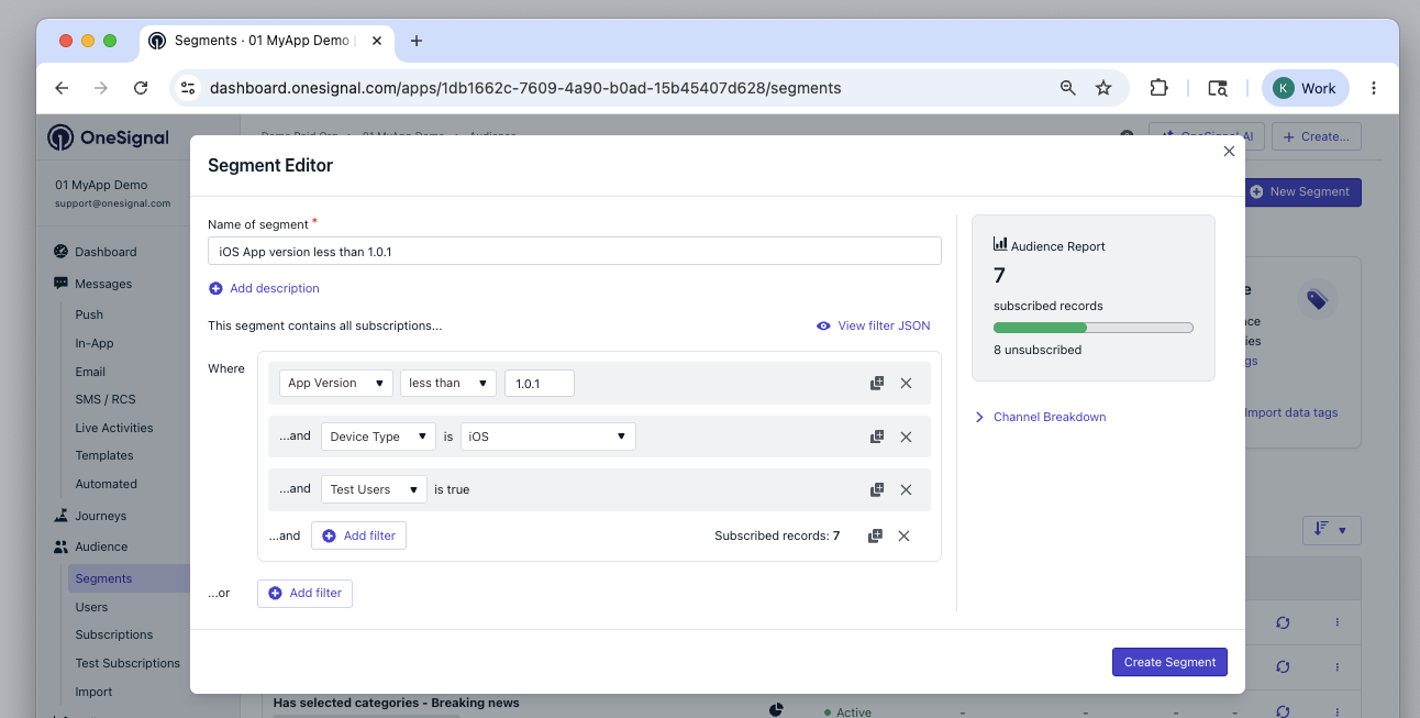 Segment OneSignal avec les filtres App Version, Device Type et Test Users