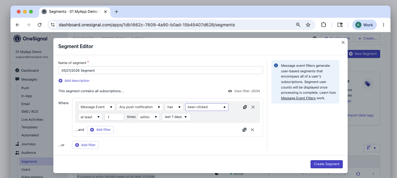Options de filtre d'événements de messages affichant les sélecteurs de canal, d'action et de fenêtre temporelle