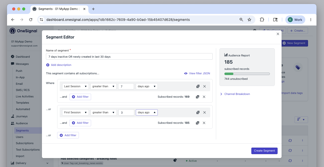 Segment avec filtre OR combinant les utilisateurs inactifs et les nouveaux abonnements