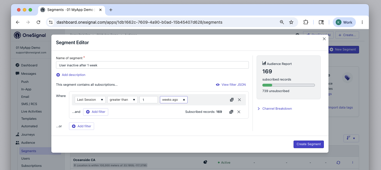 Interface de création de segment affichant les options de filtres et le champ de nom de segment