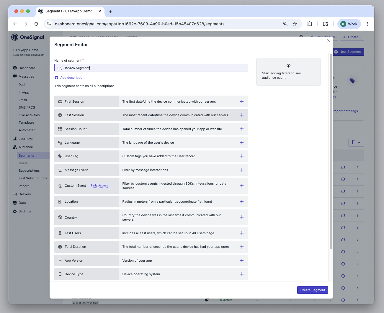 Interface de création de segment affichant les options de filtres et le champ de nom de segment