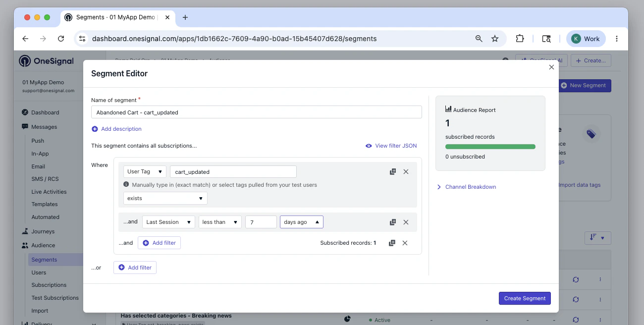 Segment de panier abandonné avec filtre Tag où le tag cart_updated existe et la dernière session date de moins de 7 jours