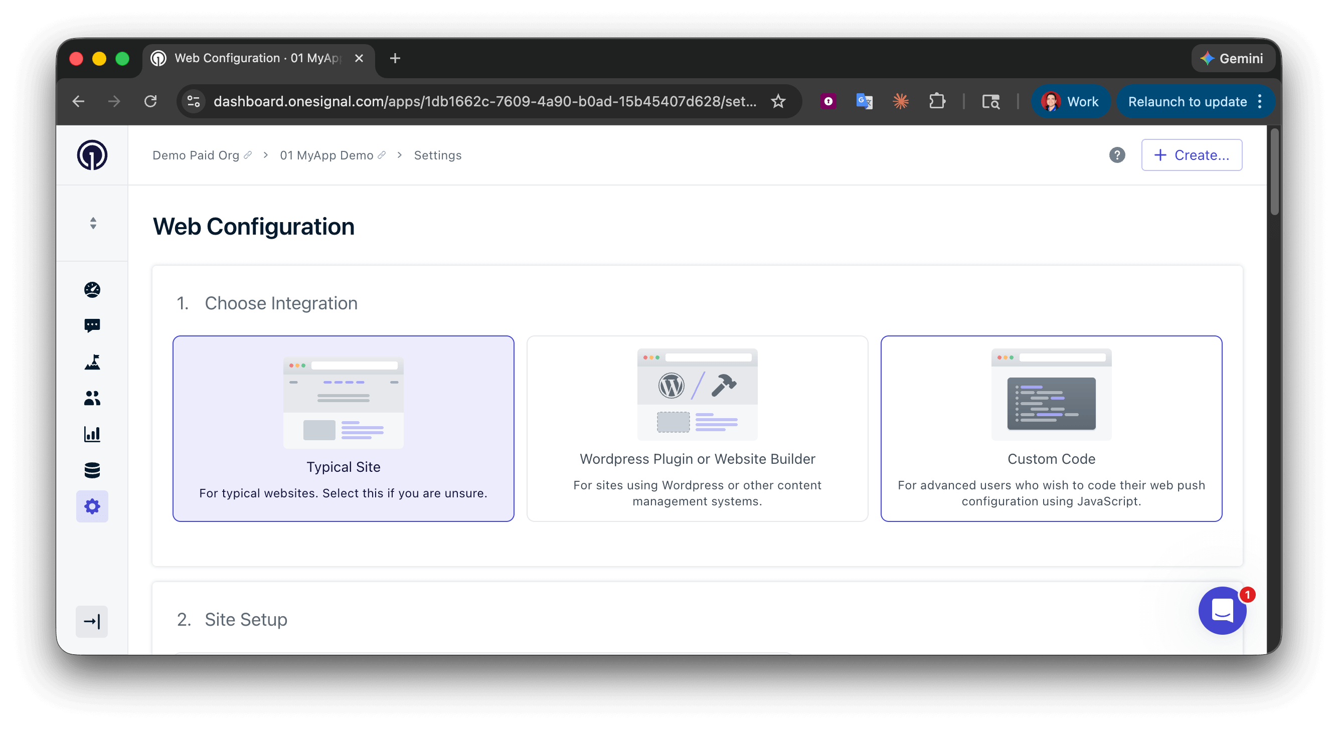 OneSignal dashboard showing integration type options: Typical Site, WordPress, and Custom Code