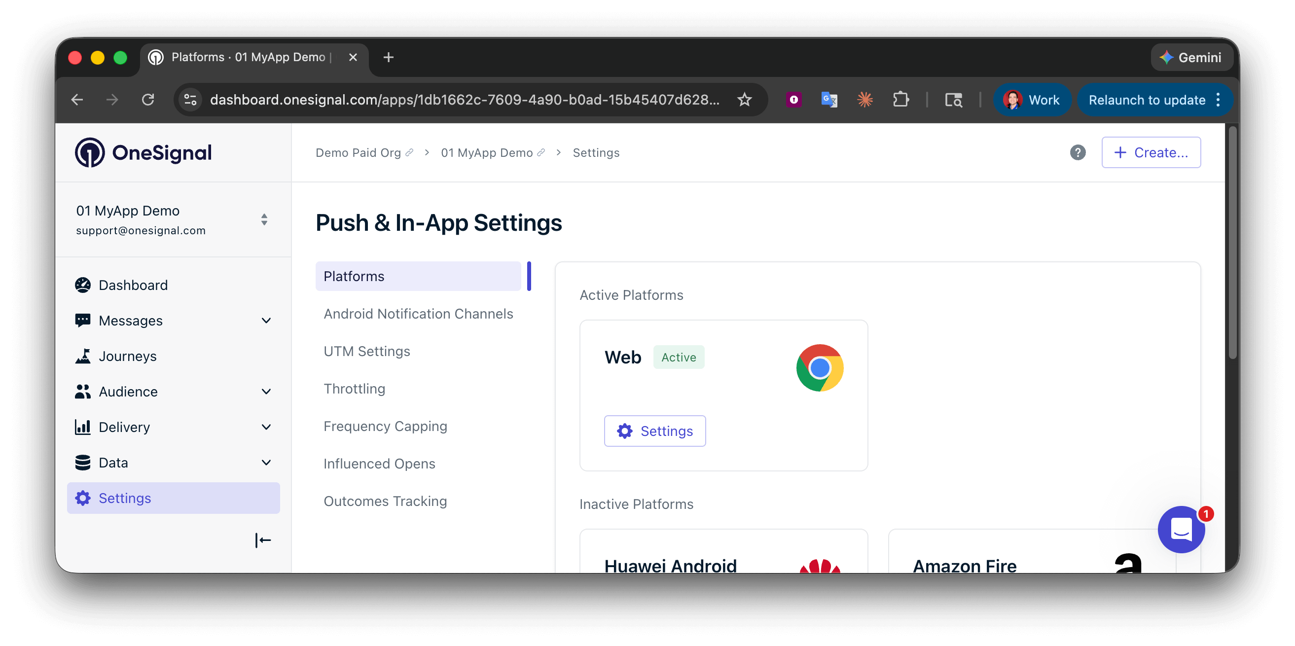 OneSignal dashboard showing web push platform activation in settings