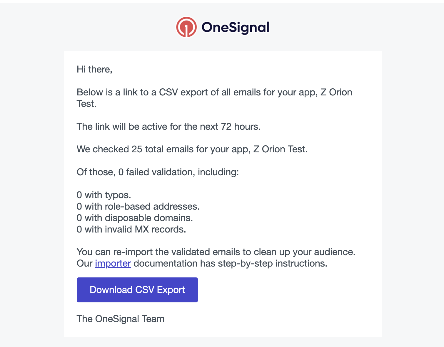 검증 요약 및 CSV 내보내기 다운로드 버튼을 보여주는 OneSignal 결과 이메일