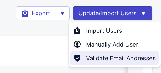 이메일 주소 검증 옵션이 강조 표시된 사용자 업데이트/가져오기 드롭다운
