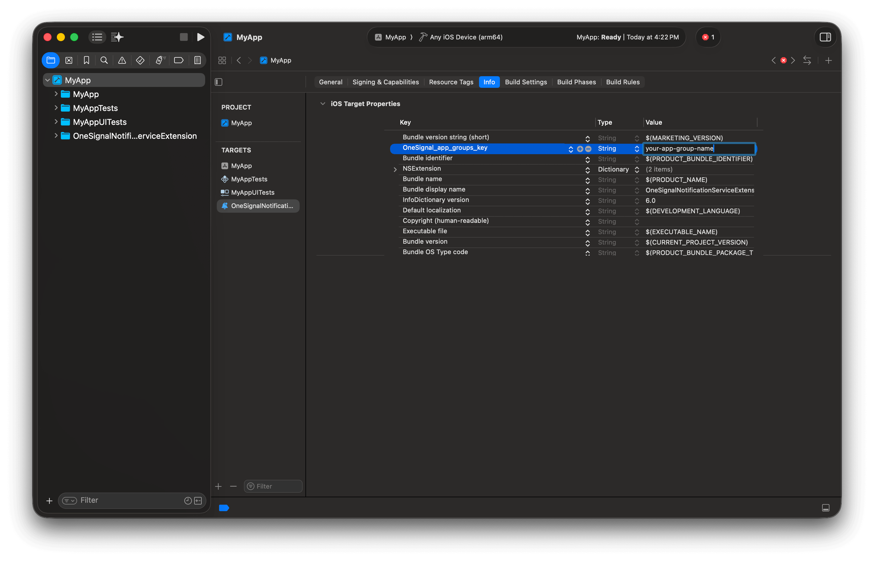 Xcode showing if you decided to use your own App Group, you must add the OneSignal_app_groups_key to the Info.plist for both the app target and the OneSignalNotificationServiceExtension target.