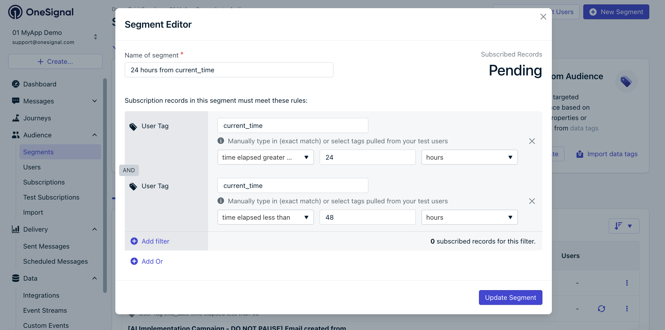 Segment using both Time Elapsed Greater Than and Time Elapsed Less Than to define a 24–48 hour window