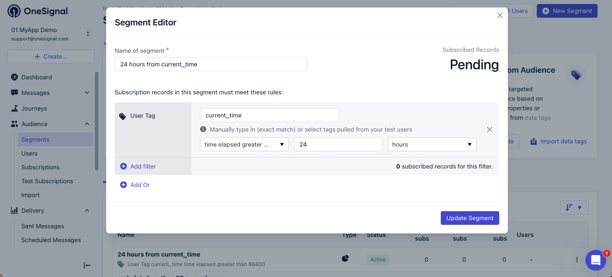 Segment using Time Elapsed Greater Than with a tag key and a value of 86400 seconds