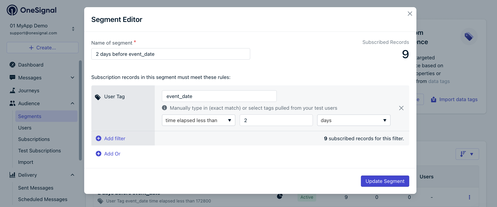 Segment for targeting users 2 days before an event