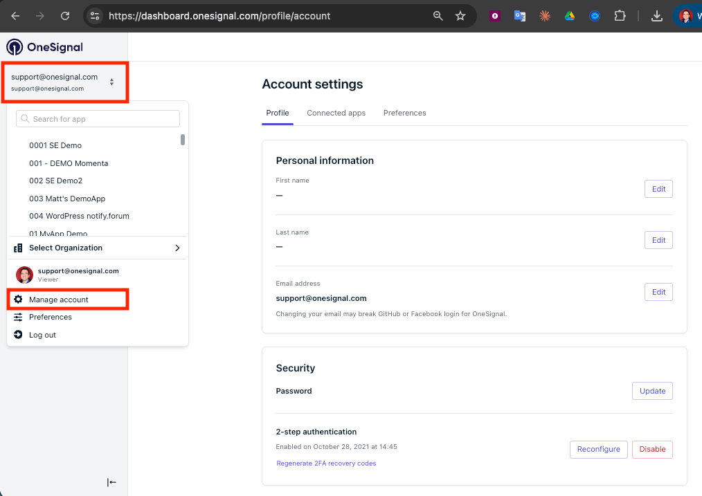 Manage Account option in the dashboard email drop-down menu