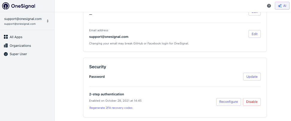 Enable button in the 2-Step Authentication section of the profile page