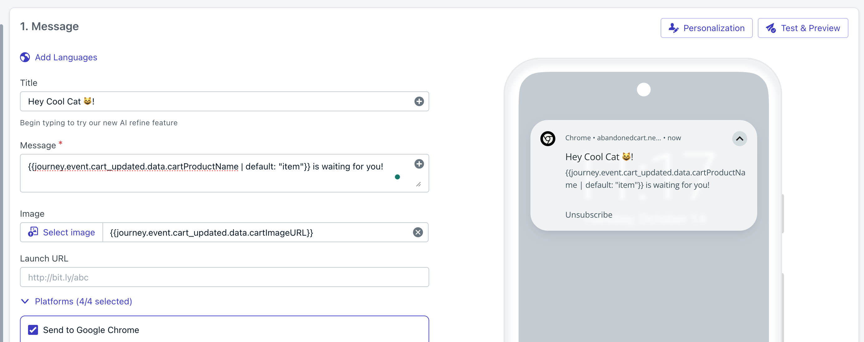 Modelo push de carrinho abandonado mostrando uma imagem de produto e nome de produto personalizado