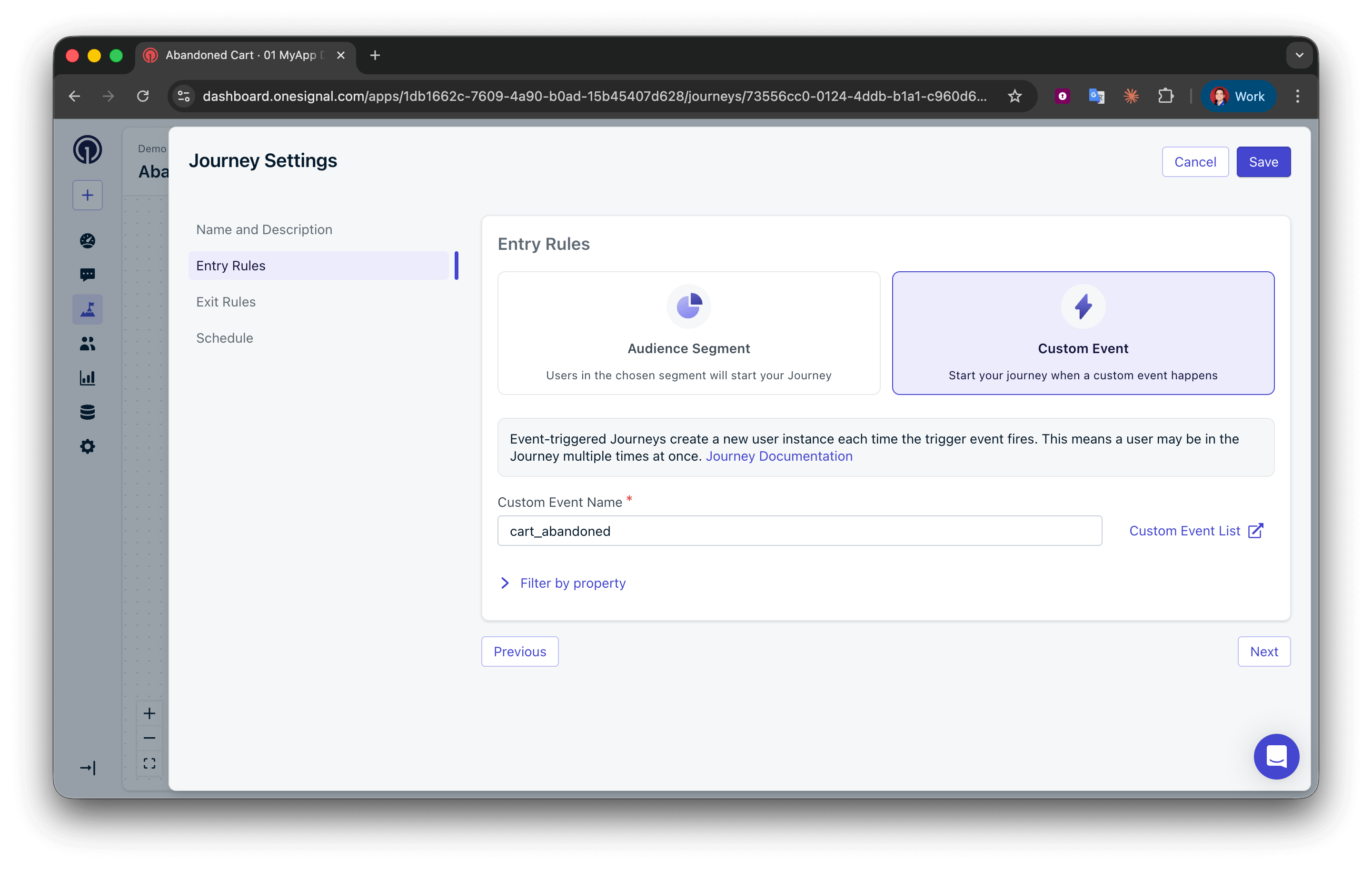 Règles d'entrée du Journey de panier abandonné avec Custom Event