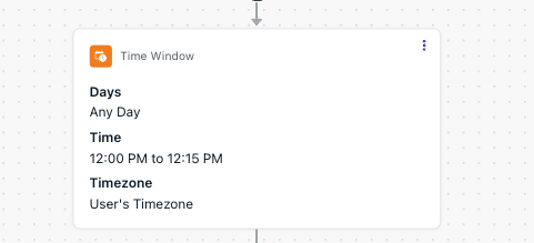 A time window node for 12:00 PM – 12:15 PM every day