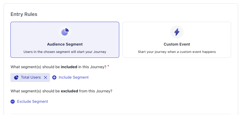Journey settings showing Audience Segment entry with Total Users segment included