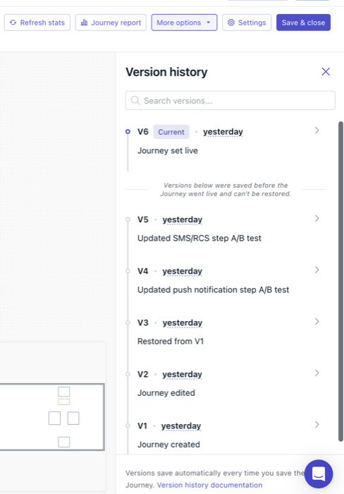 Version history panel listing saved versions next to the Journey canvas