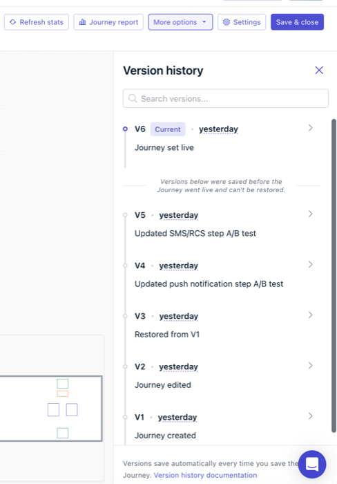 Version history panel listing saved versions next to the Journey canvas