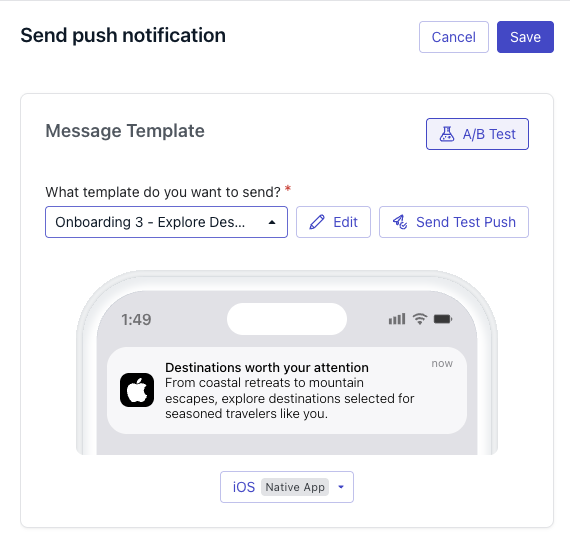Push notification message step with an A/B Test button in the top right of the Message Template panel
