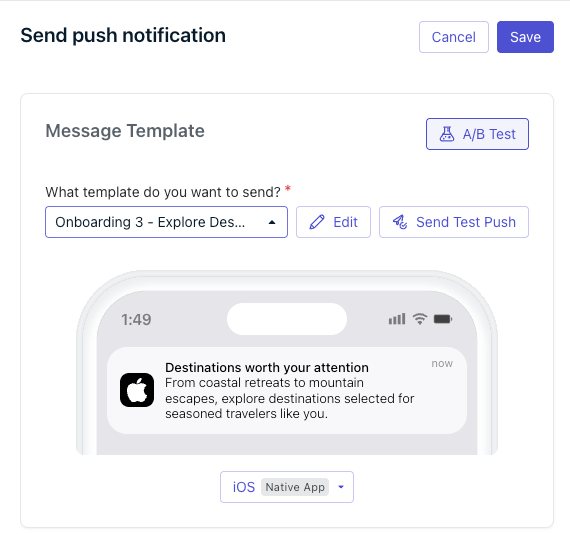 Push notification message step with an A/B Test button in the top right of the Message Template panel