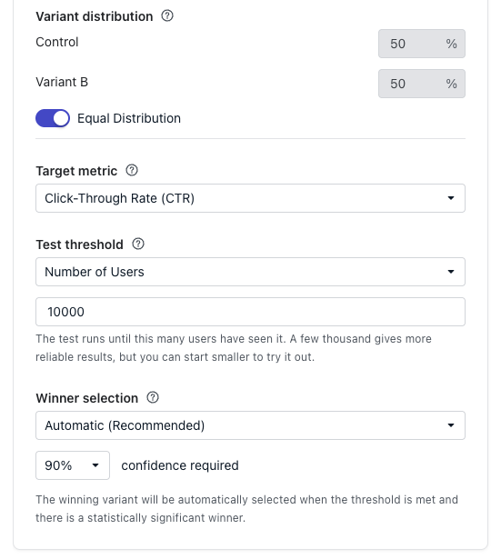 A/B test settings panel showing variant distribution, target metric, test threshold, and winner selection with confidence level