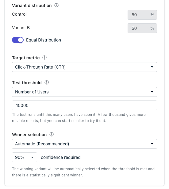 A/B test settings panel showing variant distribution, target metric, test threshold, and winner selection with confidence level