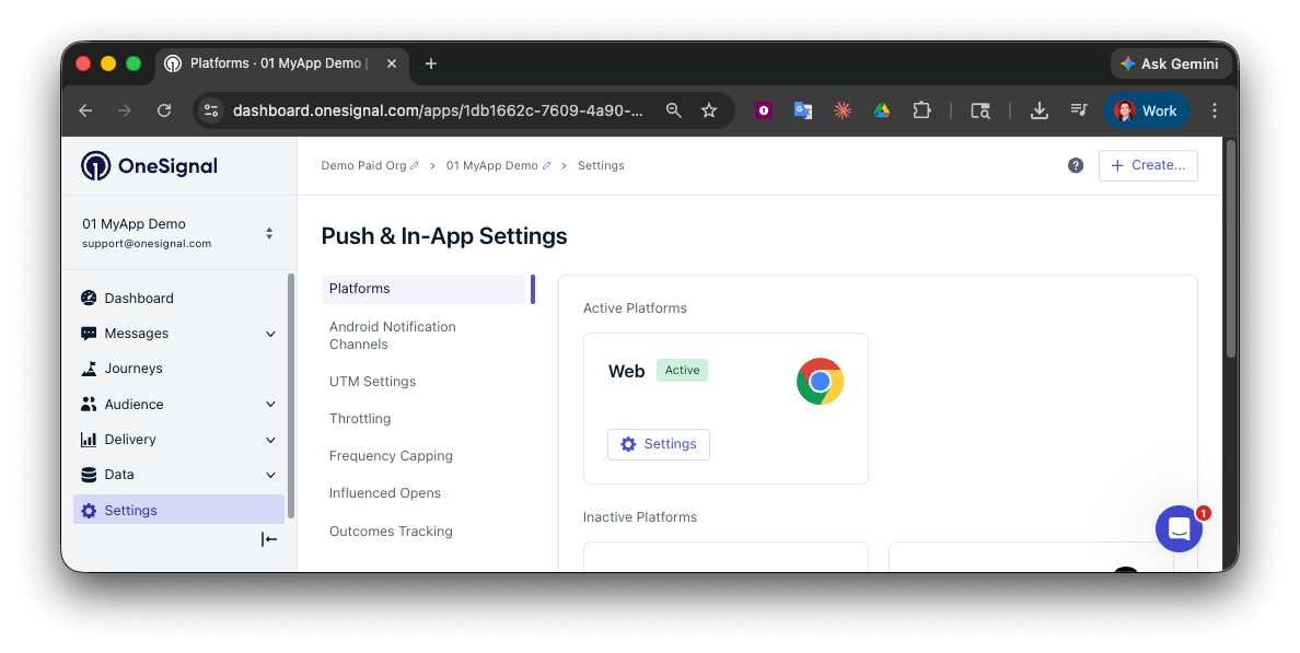 OneSignal dashboard showing web push platform activation in settings