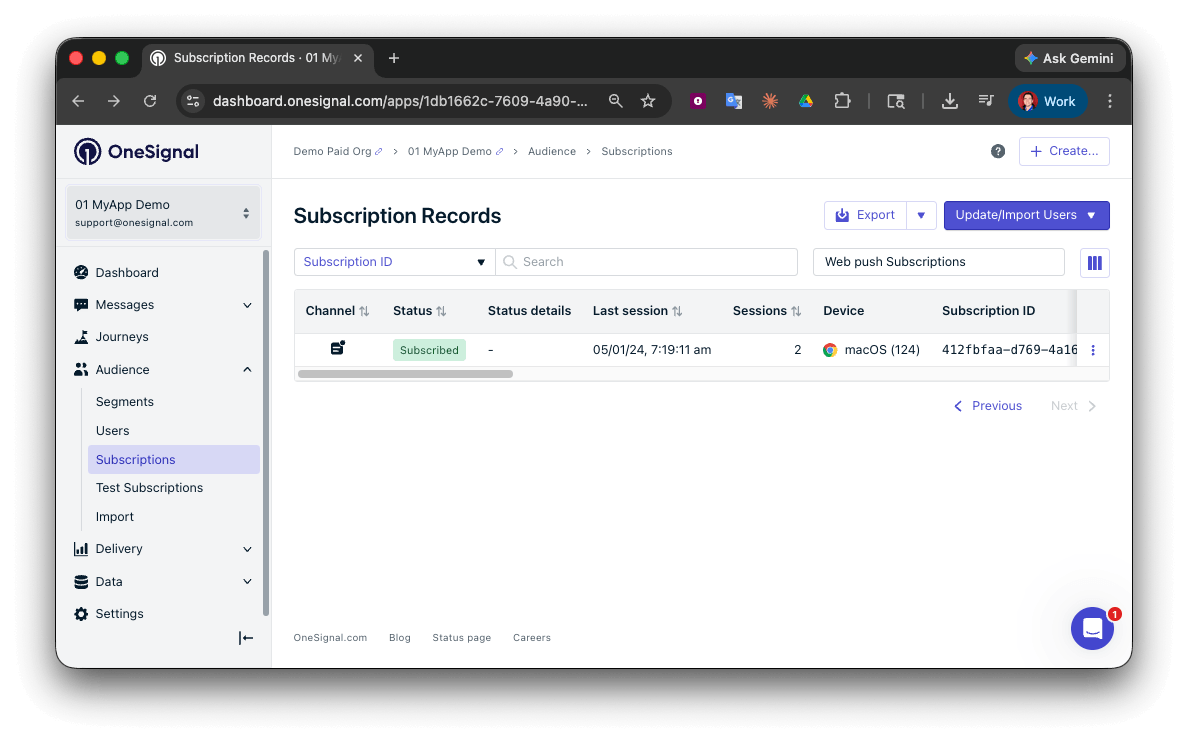 OneSignal 控制台订阅页面,显示一个状态为已订阅的网页推送订阅