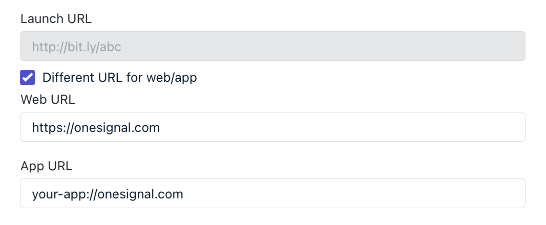 OneSignal 仪表板显示推送通知的启动 URL 输入字段
