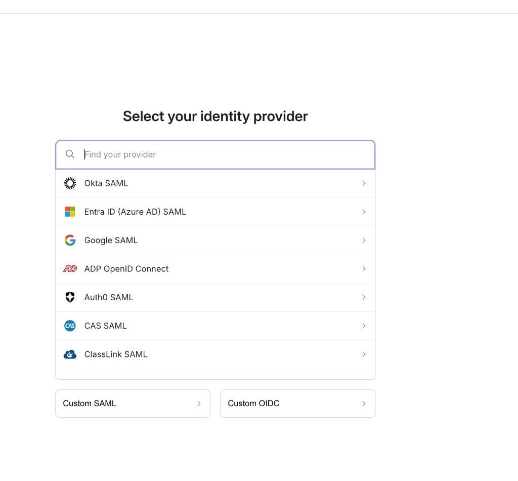 OneSignal SSO provider selection screen with a search box and a list of identity providers such as Okta, Entra ID, Google, and ADP