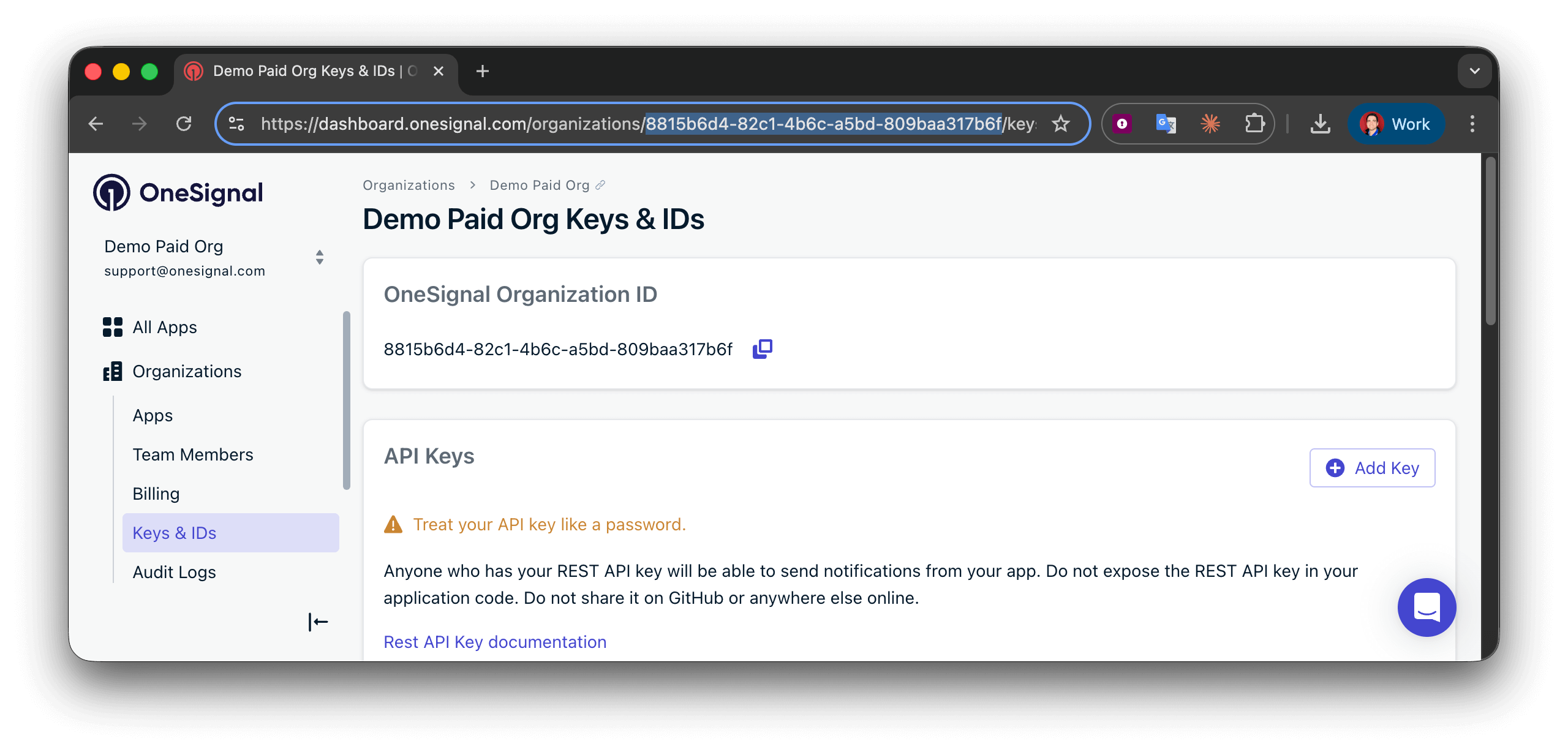 OneSignal dashboard showing Organization ID under Keys & IDs.
