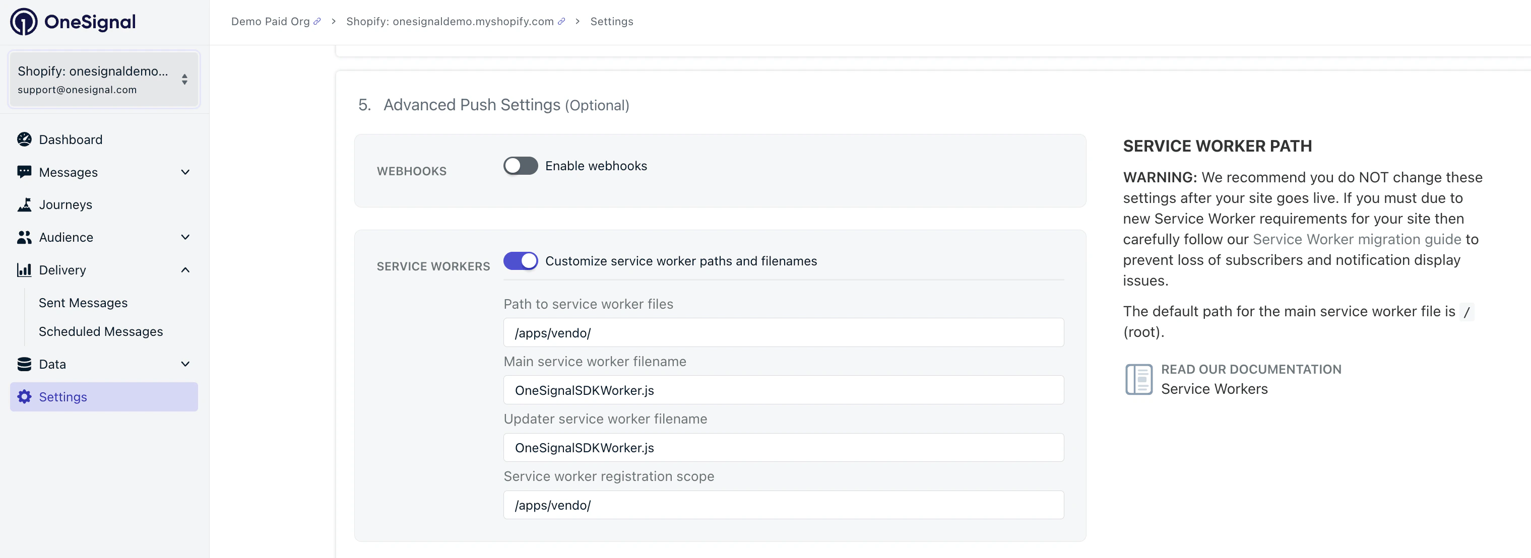OneSignal Advanced Push Settings showing service worker paths configured for Vendo