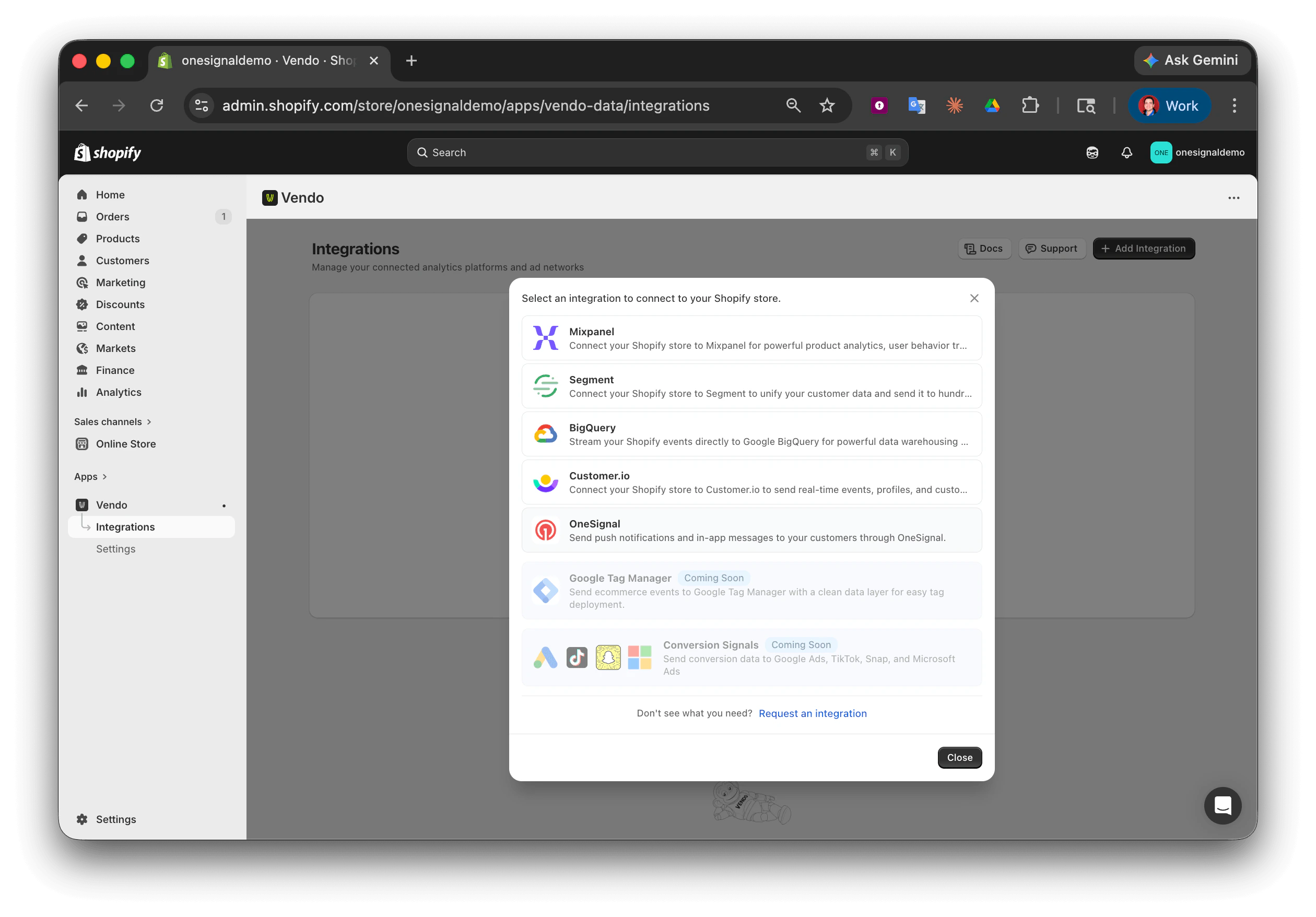 Vendo Integrations page showing the OneSignal integration option