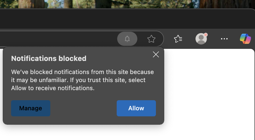 Edge bell icon shown for untrusted sites