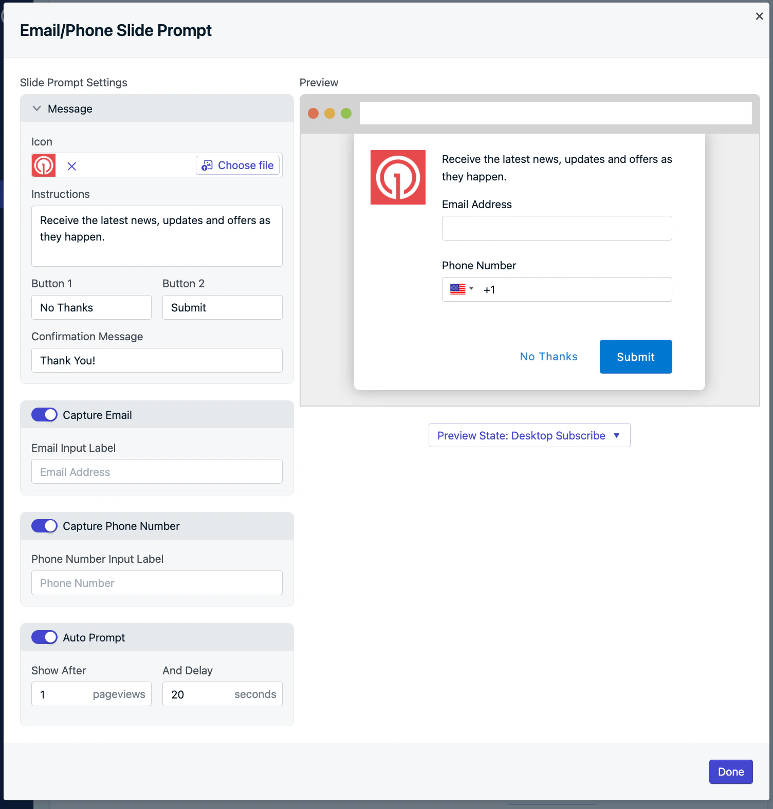 Email and phone number prompt field and label options