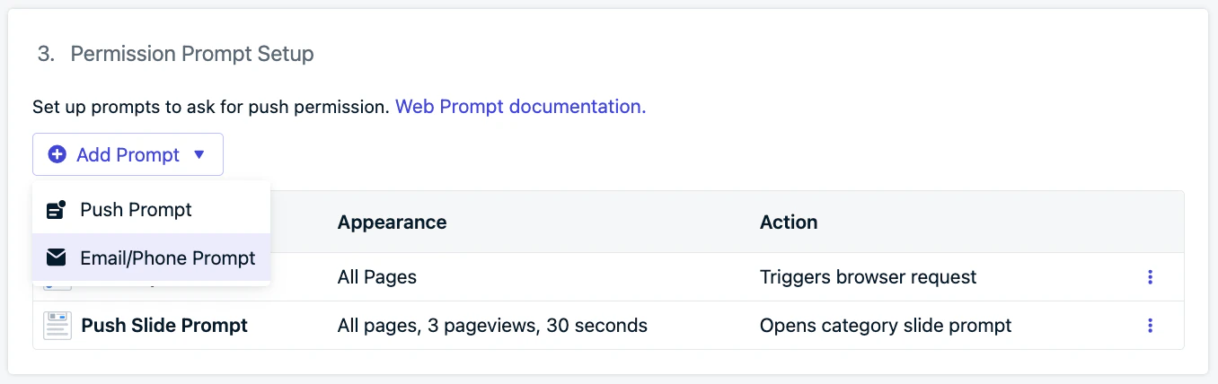 Email and phone number prompt setup options