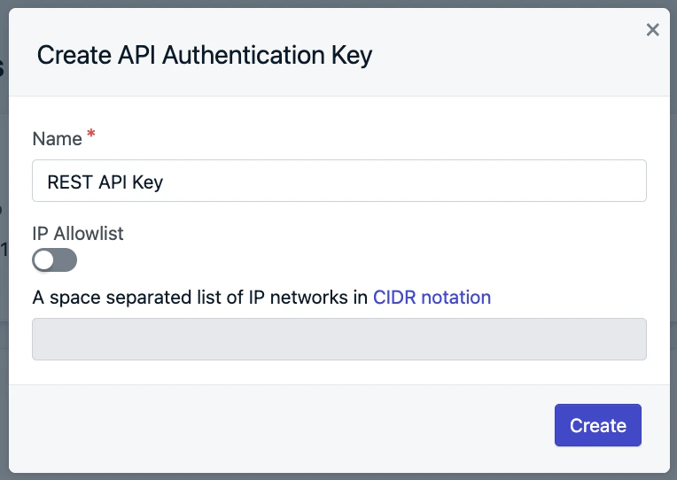 Champ de configuration de la liste d'autorisation IP dans la fenêtre modale de création de clé API.