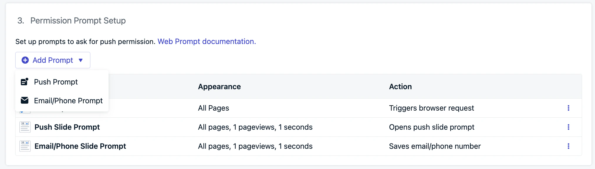 Permission prompt setup page with Add Prompt button