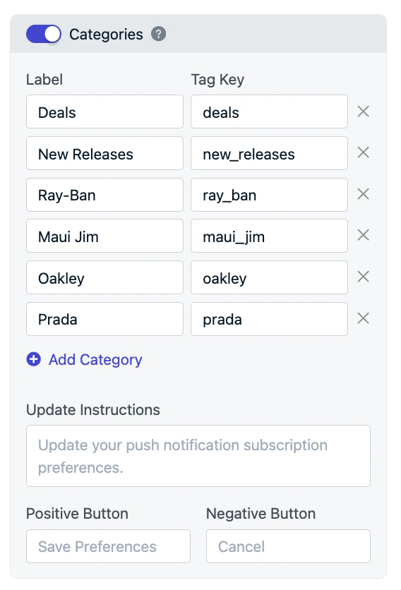 Category configuration showing label and tag key fields
