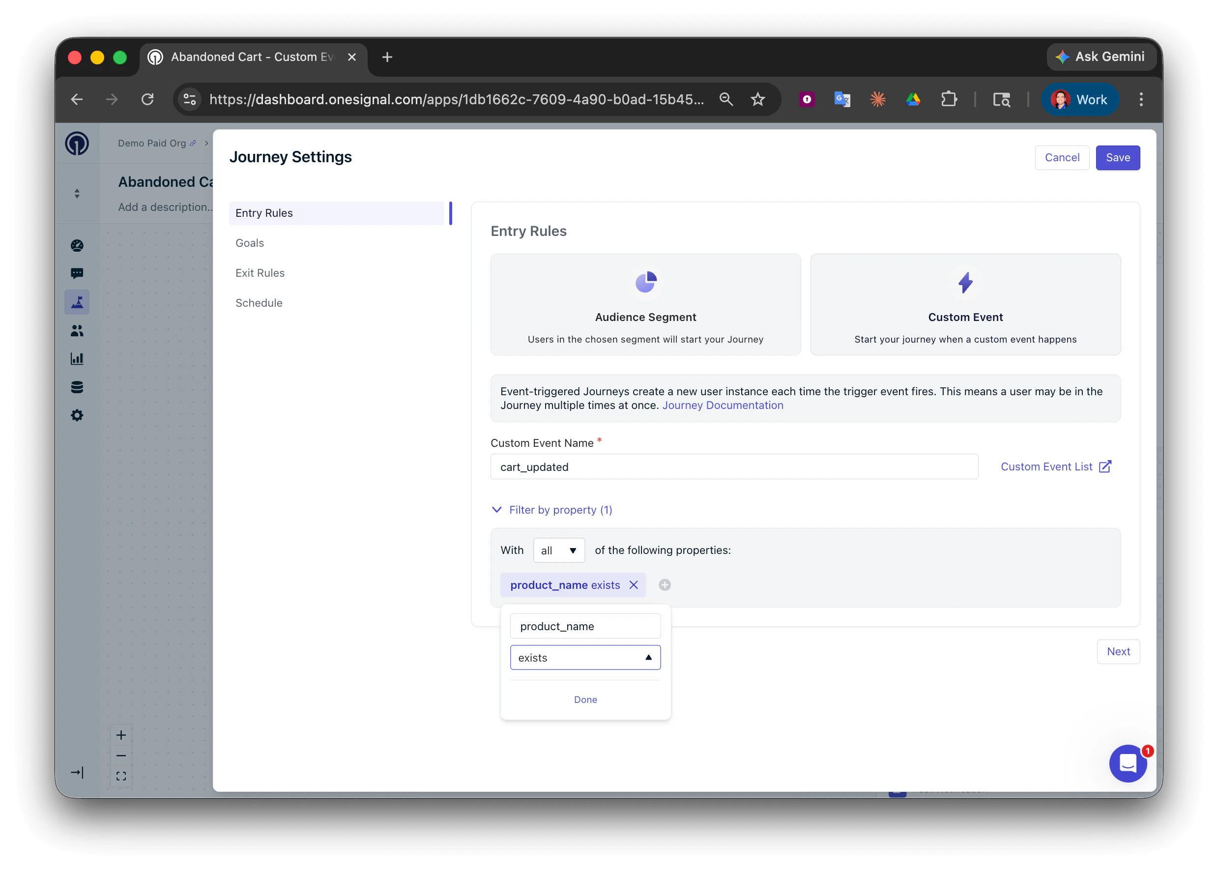 Règles d'entrée du Journey de panier abandonné avec Custom Event