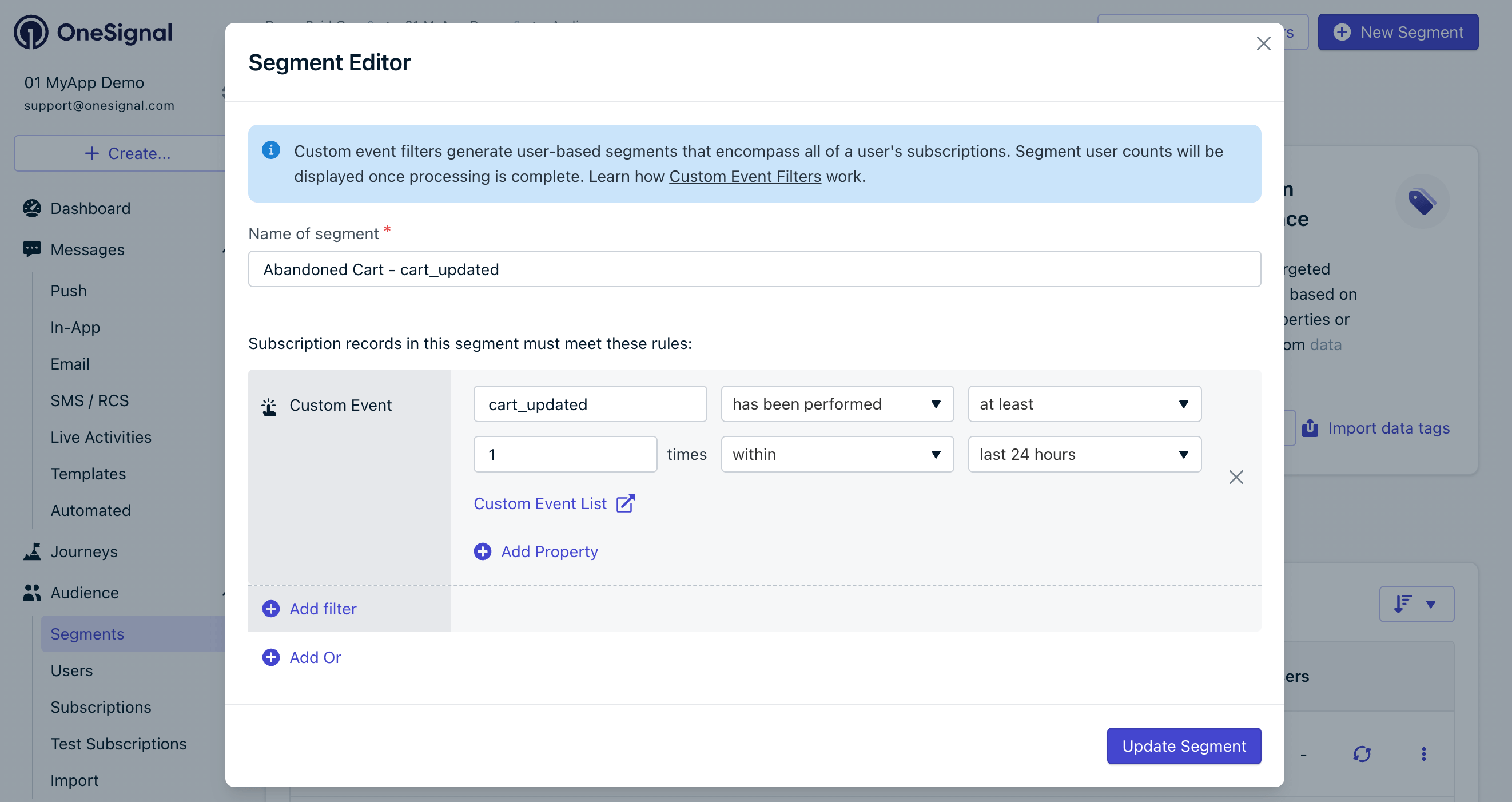 Segmento de Carrinho Abandonado com Filtro de Evento Personalizado tendo sido realizado pelo menos uma vez nas últimas 24 horas